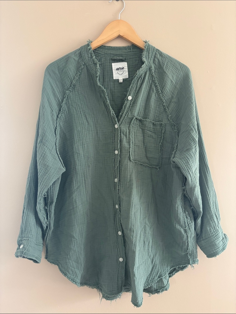Aerie Pool To Party Cover Up Green Size XS Button Up Tunic Oversized Fray Hem